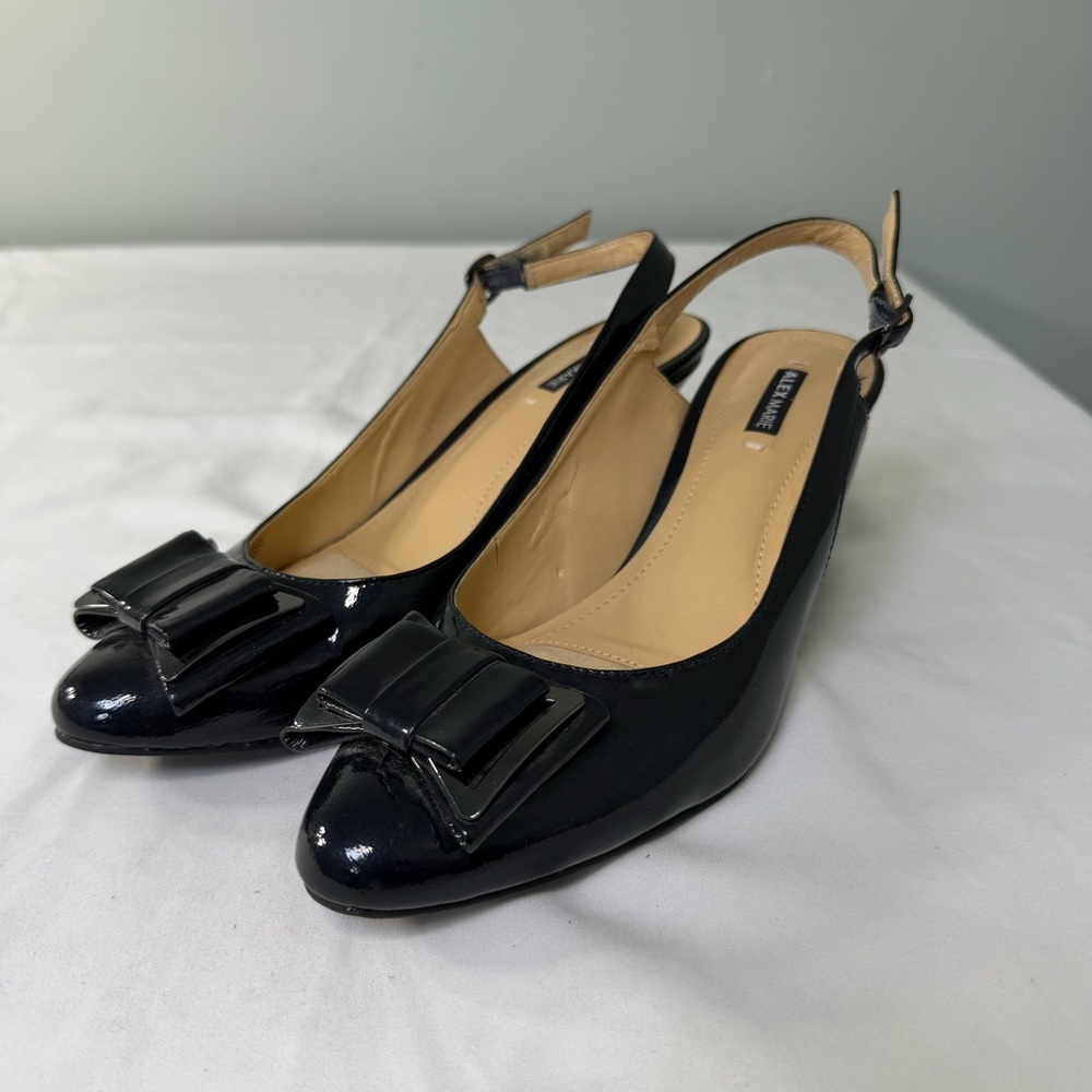 Alex Marie Black Patent Leather Slingback Heels Bow‎ Detail Size 7
